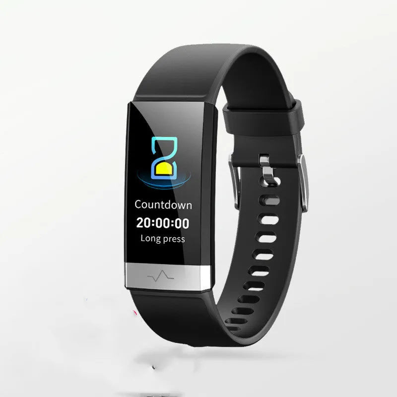 V19 smart health bracelet with colour screen and black TPU strap, showing ECG monitoring interface.
