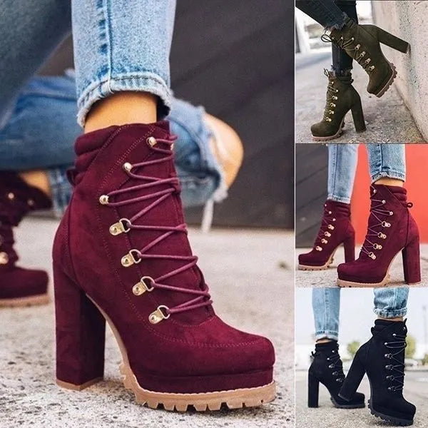 Women's suede high heel ankle boots with thick heel in army green, featuring round toe and Roman-style rivet details.