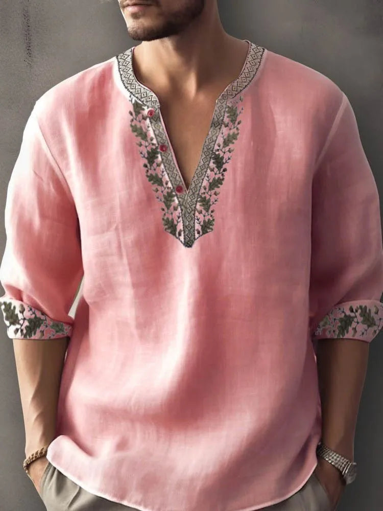 British style short sleeve shirt with stripe pattern from 3D digital thermal transfer printing on bamboo hemp fabric.