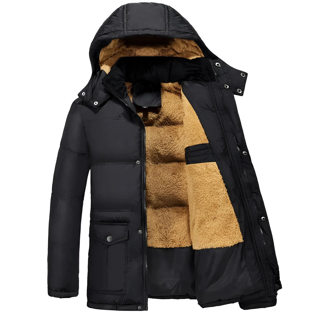 Men's black velvet padded winter jacket with double-breasted placket and hood, loose fit design
