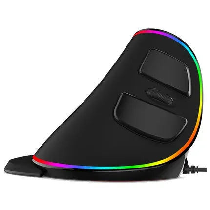Black vertical ergonomic computer mouse with RGB lighting effects, shown with a USB cable.