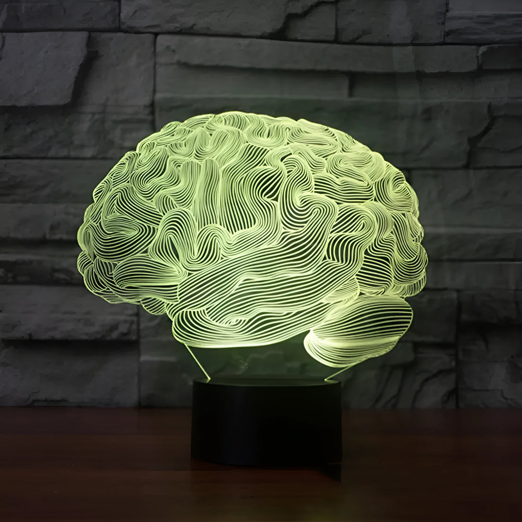 3D acrylic LED desk lamp showing colourful light projection with remote control on a wooden table.