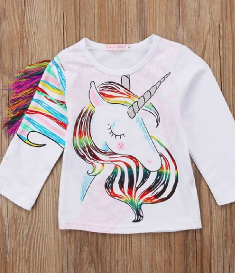 White children's cotton T-shirt with stereo horse hair print and abstract animal cartoon pattern, long sleeve round neck style for boys and girls