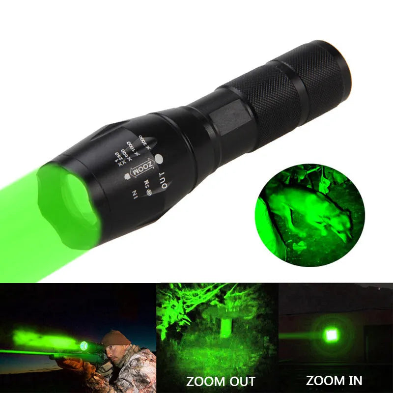 Black aluminium alloy zoomable LED flashlight with adjustable focus ring on a textured body.