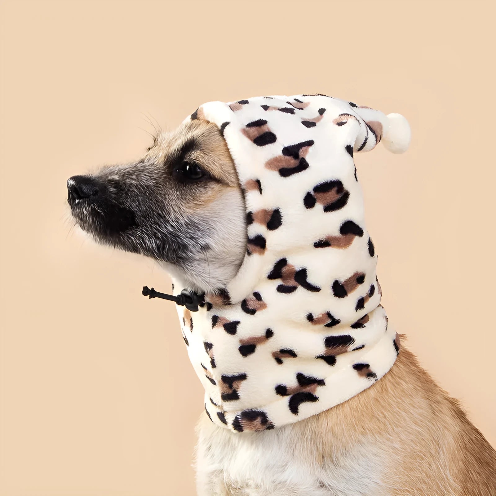 Bear headdress with rabbit ears pet hat for dogs in leopard print, black, and red colours