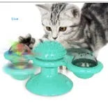 Cat rotating windmill toy with suction base on floor, two transparent bins, luminous ball, teeth grinding function, blue yellow green colour