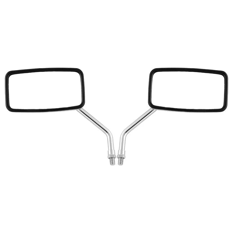 Silver all-metal motorcycle rearview mirror with convex lens on a dark background