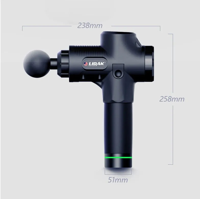 Fascia massage gun with 30-speed settings, 24V brushless motor, and six massage heads in black colour