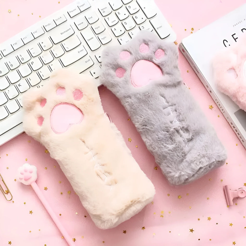 Cute plush cat's paw bag in beige with cat paw design, compact 23cm by 12.5cm Korean style handbag