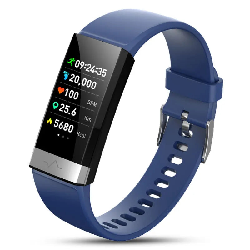 V19 smart health bracelet with colour screen and black TPU strap, showing ECG monitoring interface.