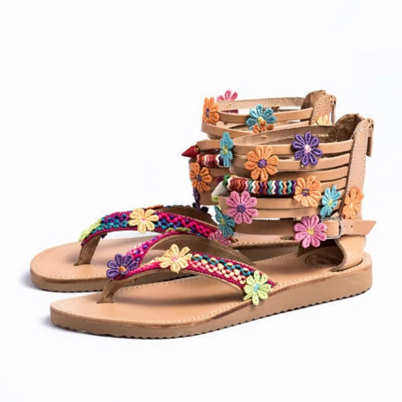 Women's ethnic style Roman sandals with beaded petal decoration and floral elements on PU upper