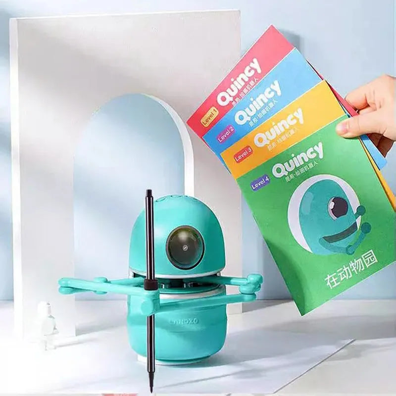 Painting robot for children with suction cup base and drawing cards on table