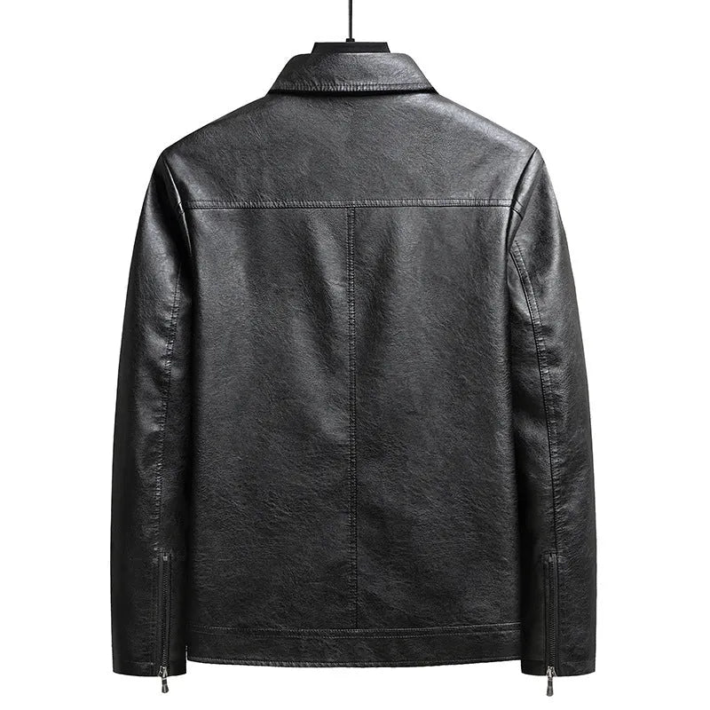Men's loose fit PU leather cardigan jacket in black with zipper front and patch pocket
