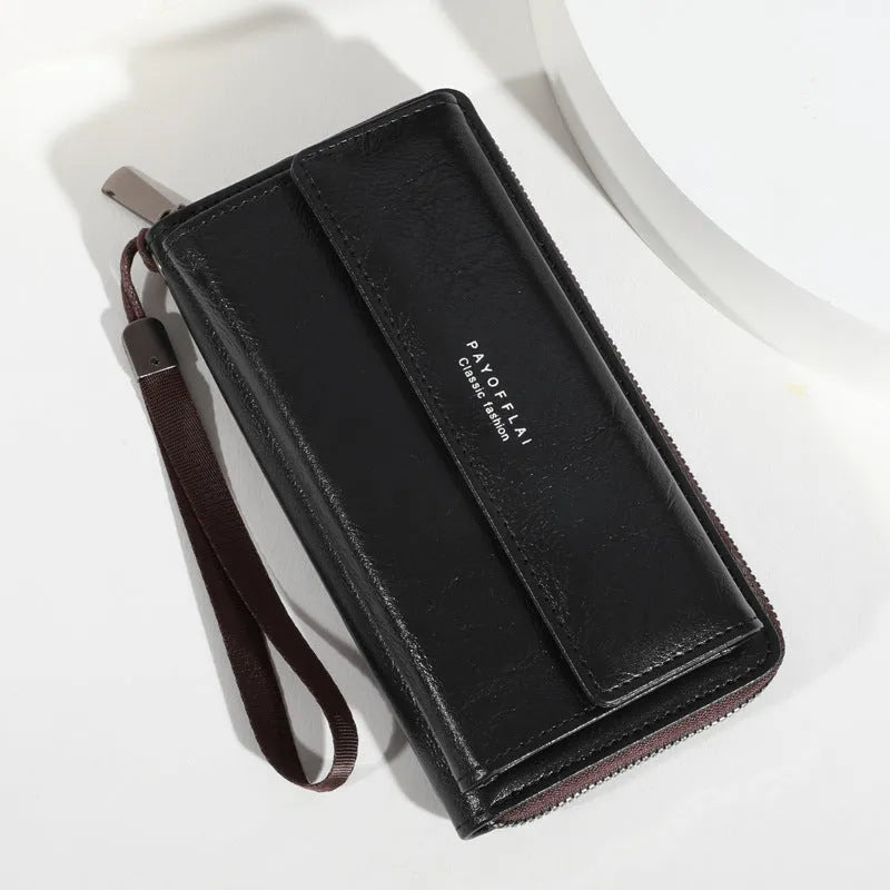 Men's PU leather wallet with multiple card slots in casual long design showing black colour option