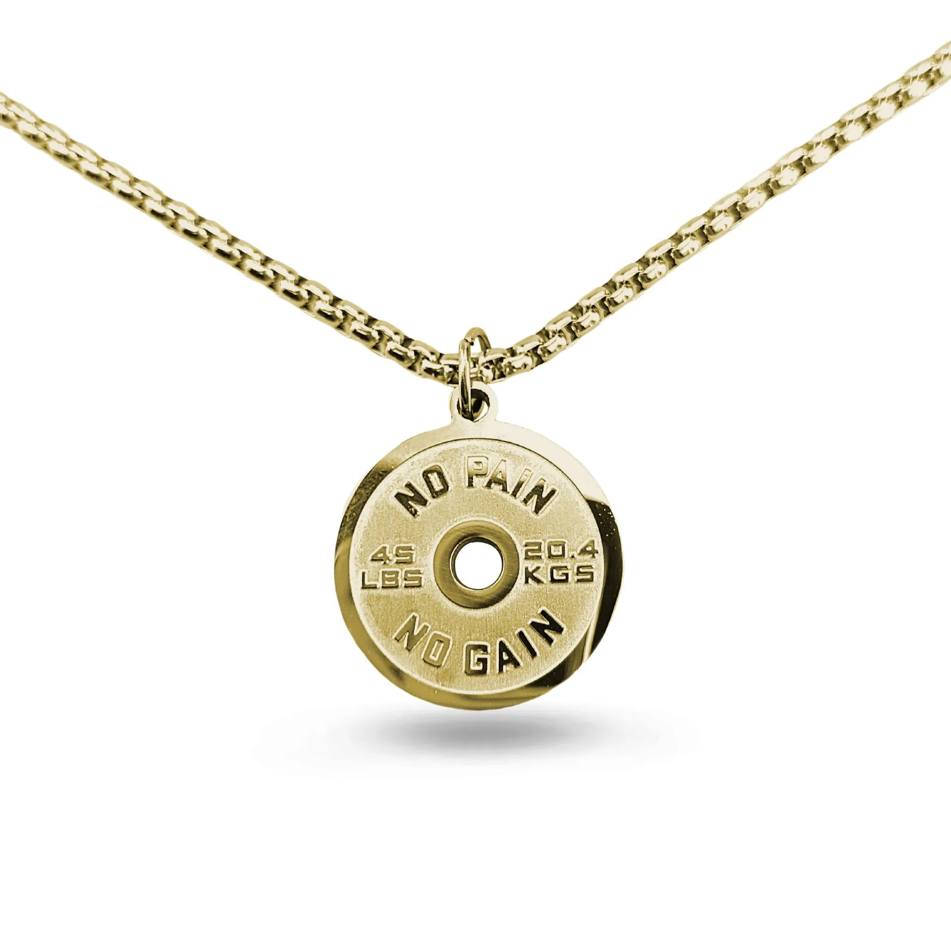 Polished stainless steel geometric barbell disk pendant on a choice of 60cm chains: black, gold, or pearl.