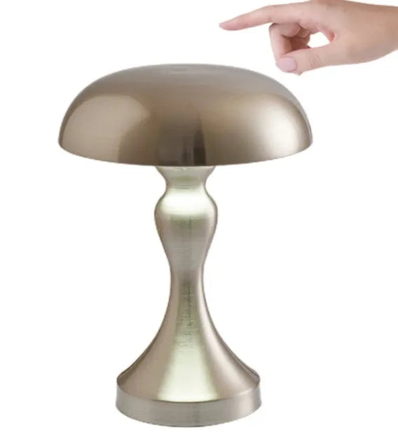 Metallic-finish USB charging desk lamp with touch control on a wooden desk.