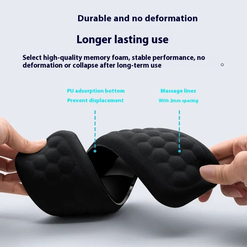 Memory foam mouse wrist rest with silicone base in black cloth and grey leather style options.