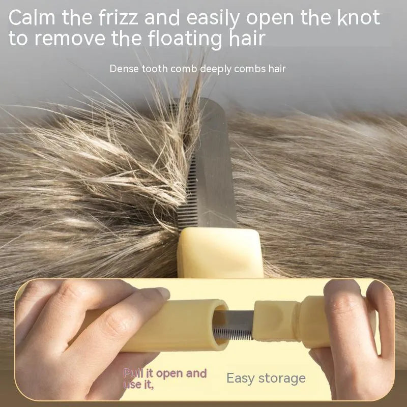 Stainless steel pet grooming comb set with knot opener, lion comb, and opening comb in yellow