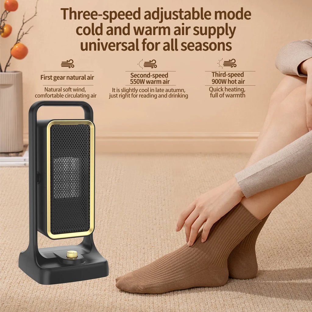 Black HQ-500A desktop PTC ceramic heater with control knob on a wooden desk.