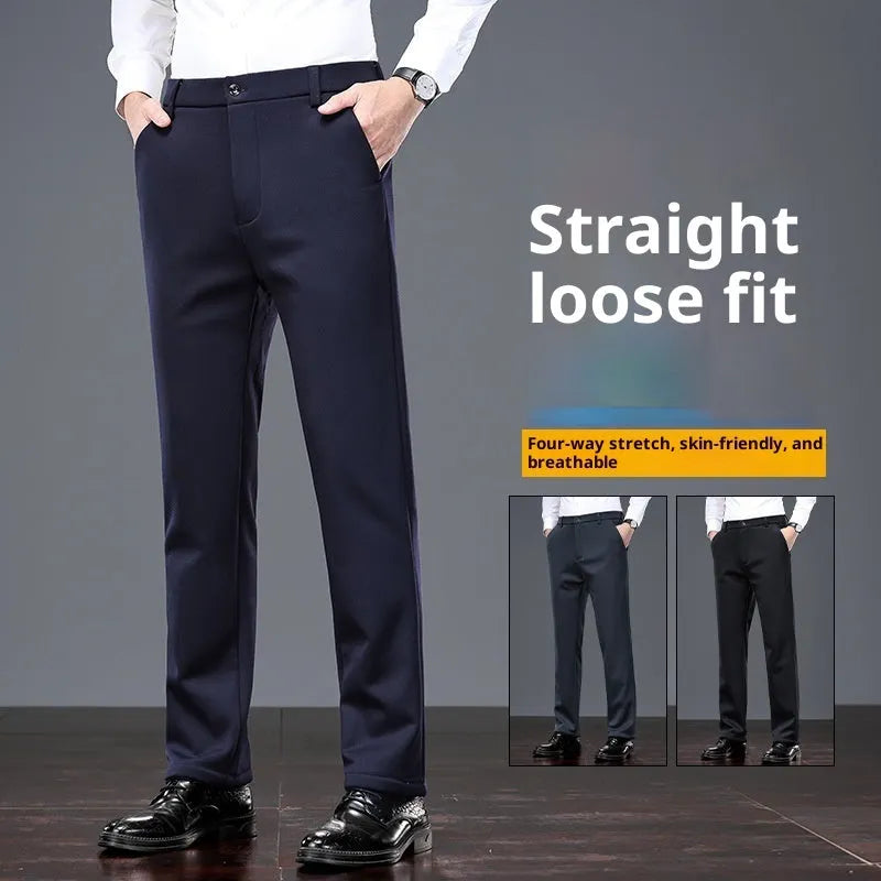 Pair of casual thermal long pants for elderly men in lamb wool black with rope closure and polyester-spandex fabric