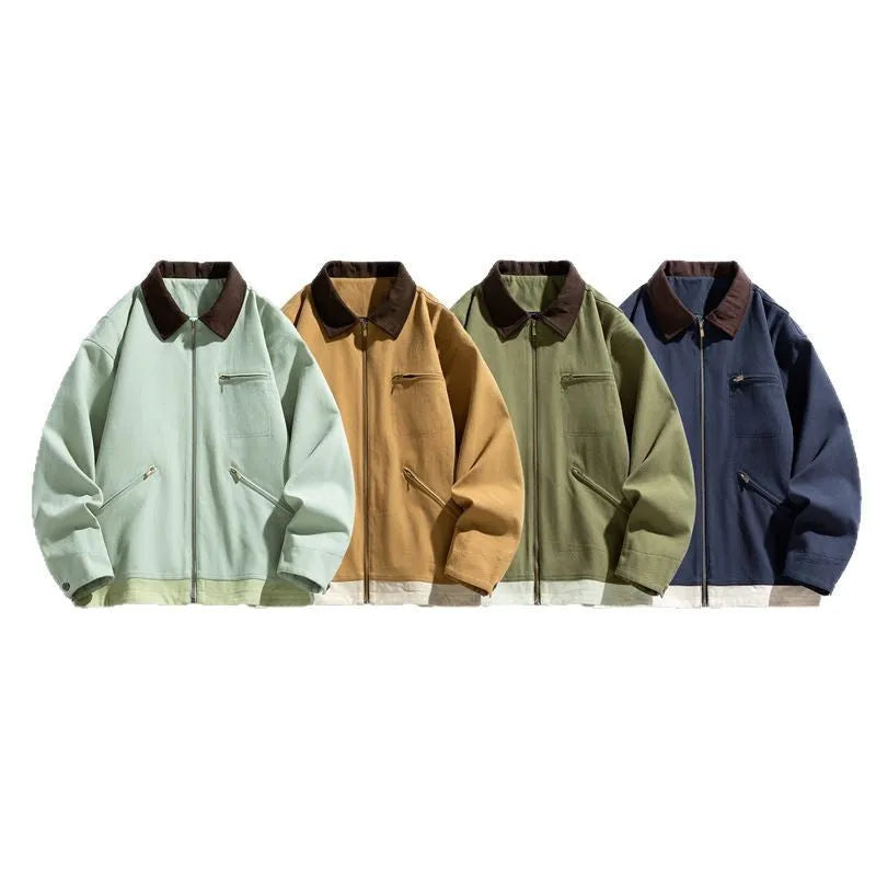 Korean style loose couple jacket with contrast lapels in polyester fabric