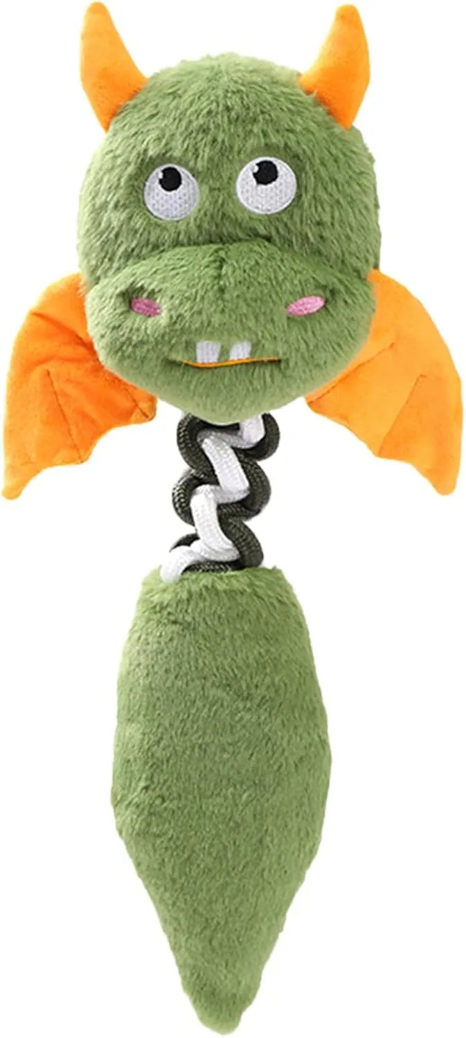Large plush dog toy with squeaker and rattle in black, green, or red colours, measuring 44cm long