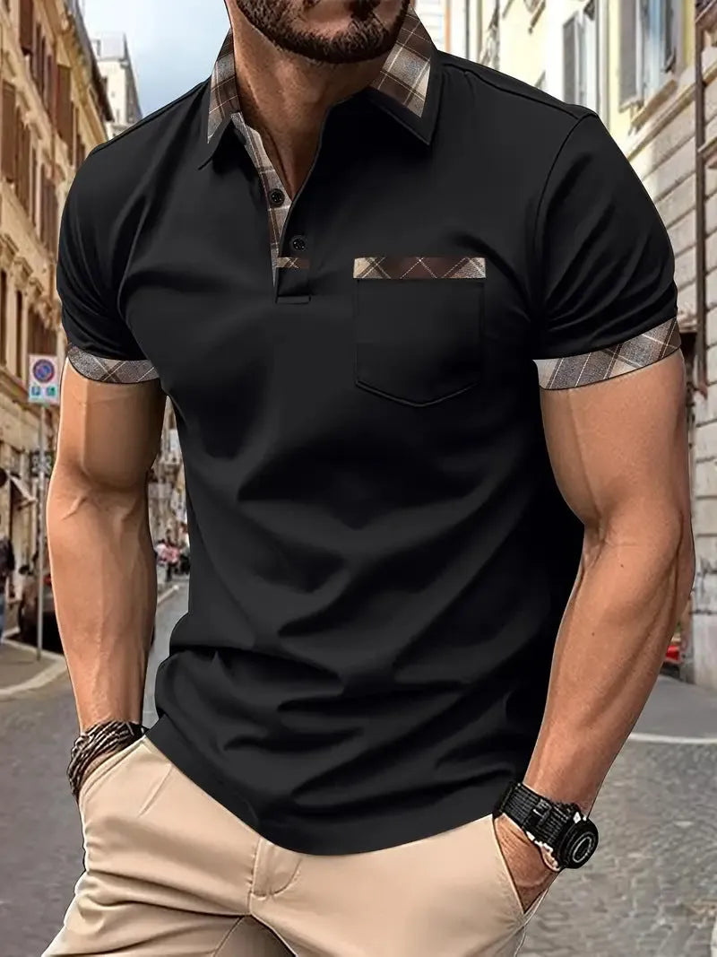 Men's loose fit plaid colourblock t-shirt with short sleeves and zipper decorations.