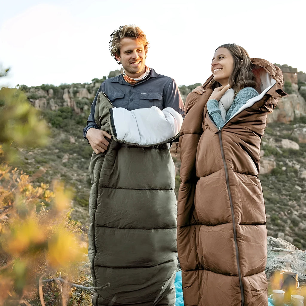 Naturehike envelope hooded sleeping bag in Clay Gray with 190T polyester fabric and hollow cotton filling for cold weather camping