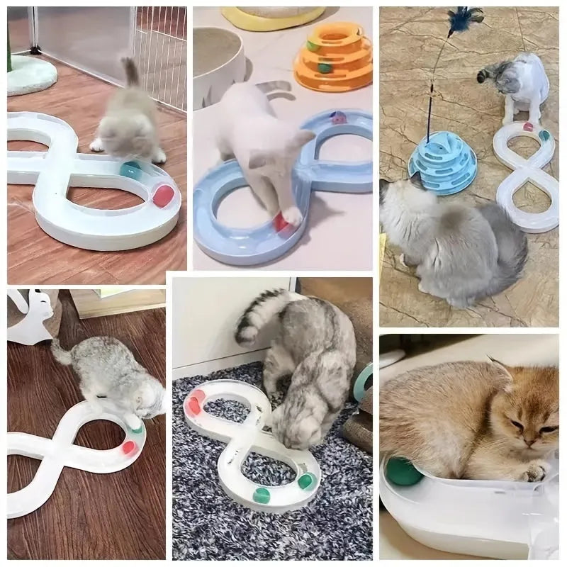 Blue and white cat turntable track ball activity centre with rotating spinner and puzzle feeder
