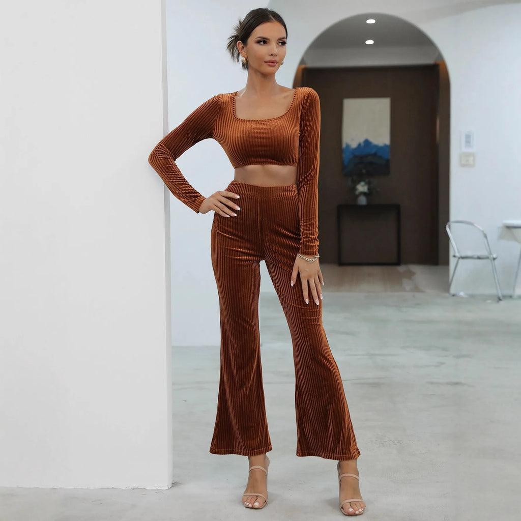 Caramel coloured long sleeve casual sweater set with matching trousers