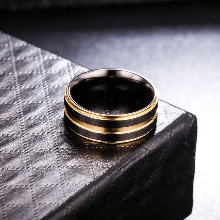 Titanium steel electroplated men's wedding band ring, silver grey finish, available in sizes 7 to 11, on white background.