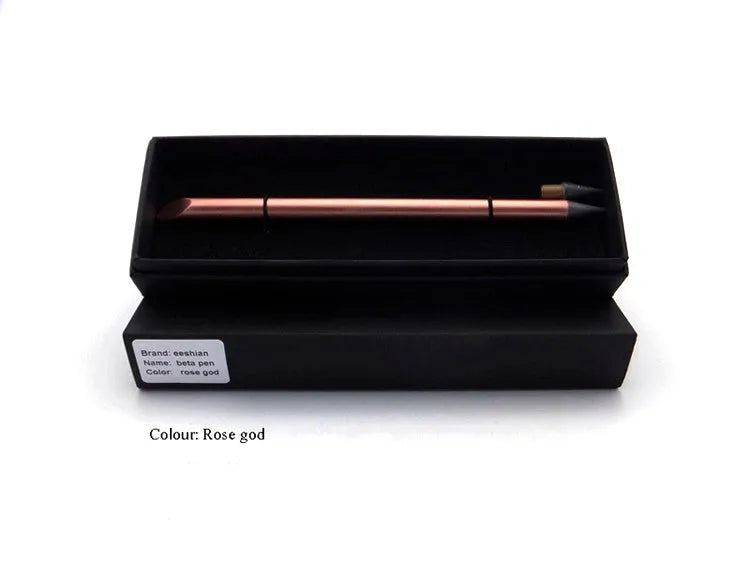 Silver inkless metal pen with 0.5mm nib, spare nib, and black pen bag on wooden table.