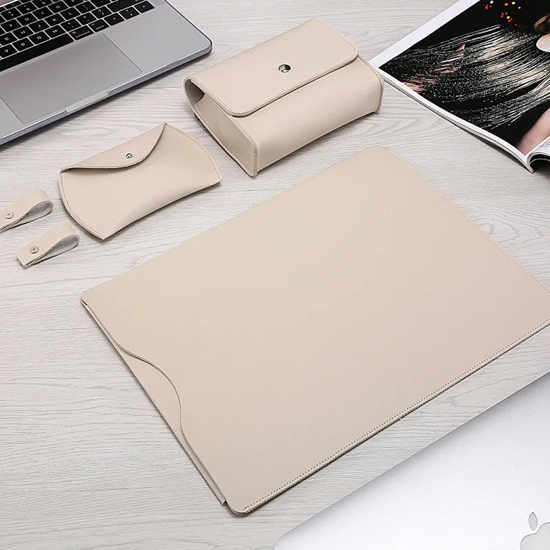 Business selvedge PU notebook liner bag set with flip-in magnetic closure in brown, showing laptop, power supply, mouse, and cable pouches