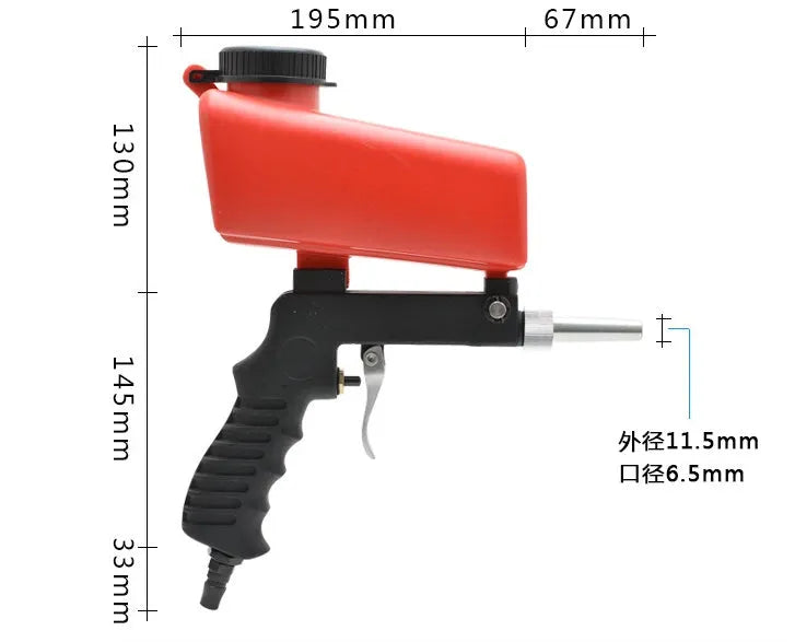 Portable pneumatic sandblasting gun with blue housing and 6.5mm nozzle