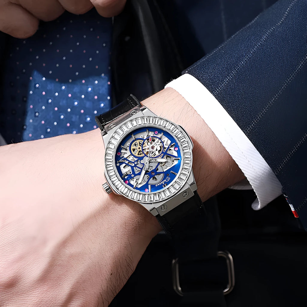 Automatic mechanical men's watch with hollow diamond-studded dial and 16mm white shell case.