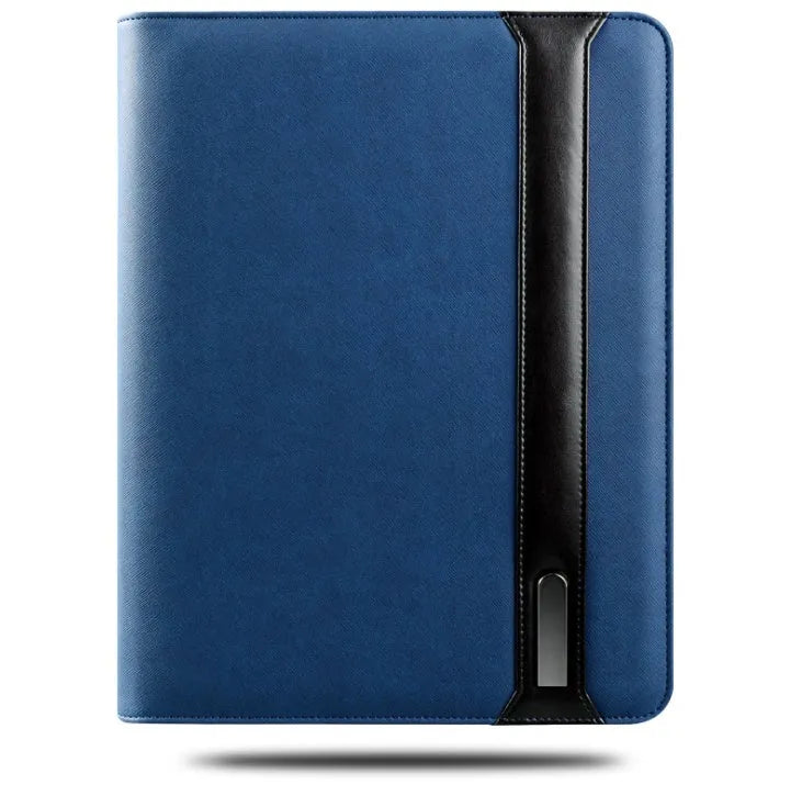 Multifunctional rechargeable A4 PU folder with wireless power charger, 5000mAh battery, and mobile holder – available in black, blue, red.