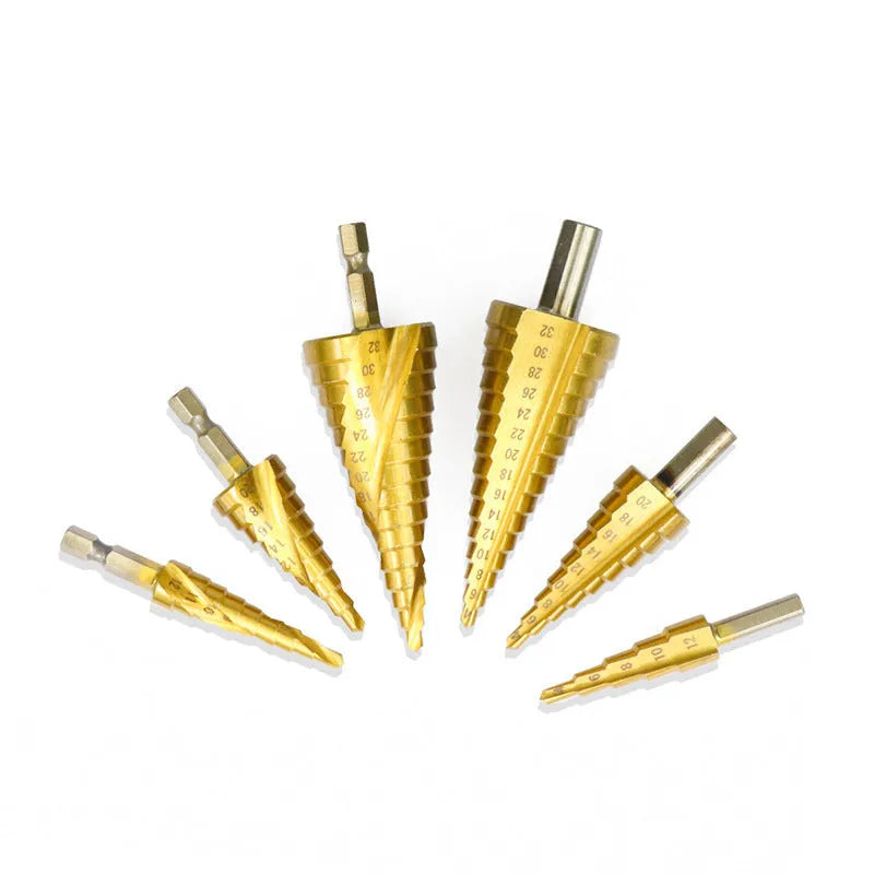Step drill bit and centre punch set in high speed steel with colour-coded options for metalworking