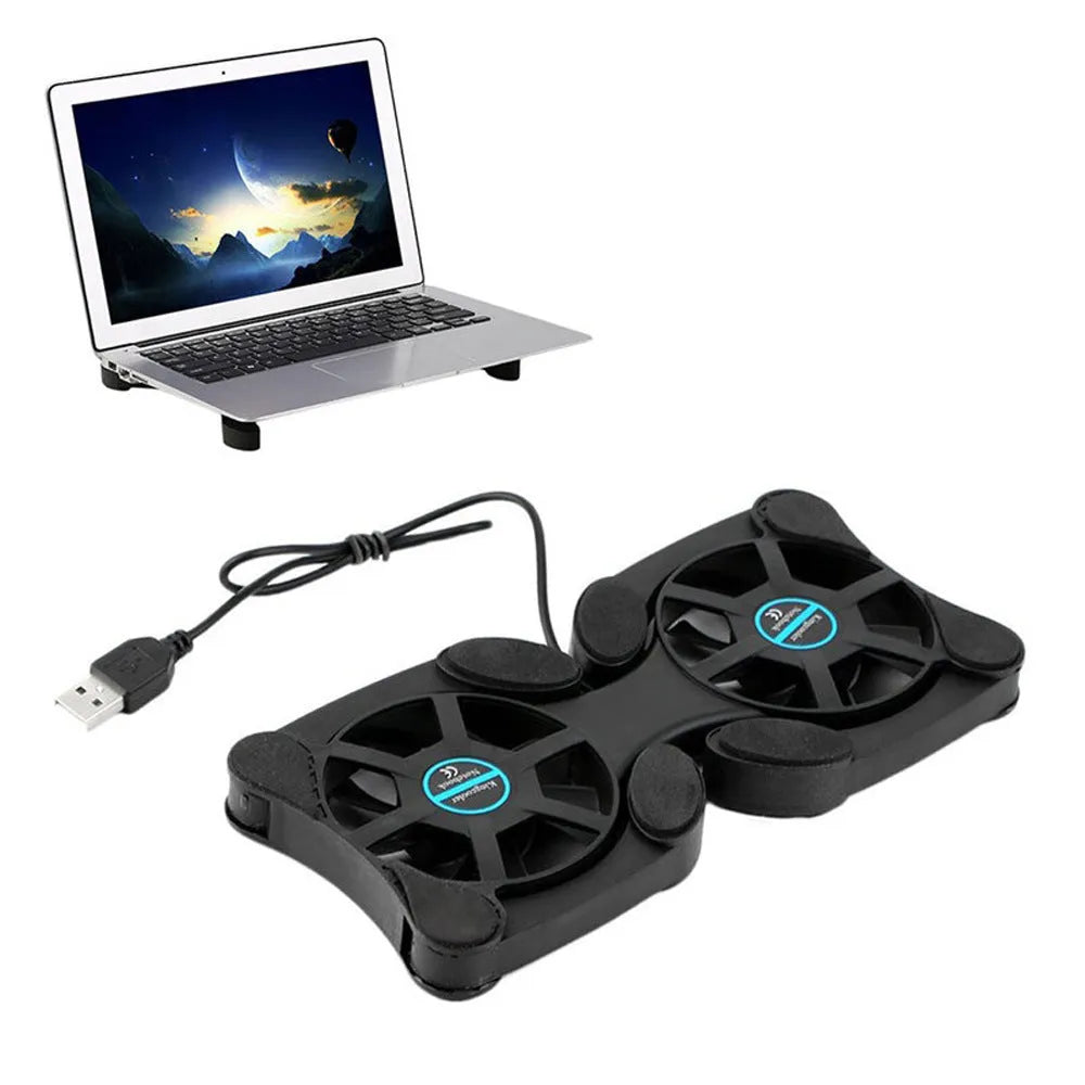 Portable folding black laptop cooling pad with two 70mm fans and USB cable on a desk