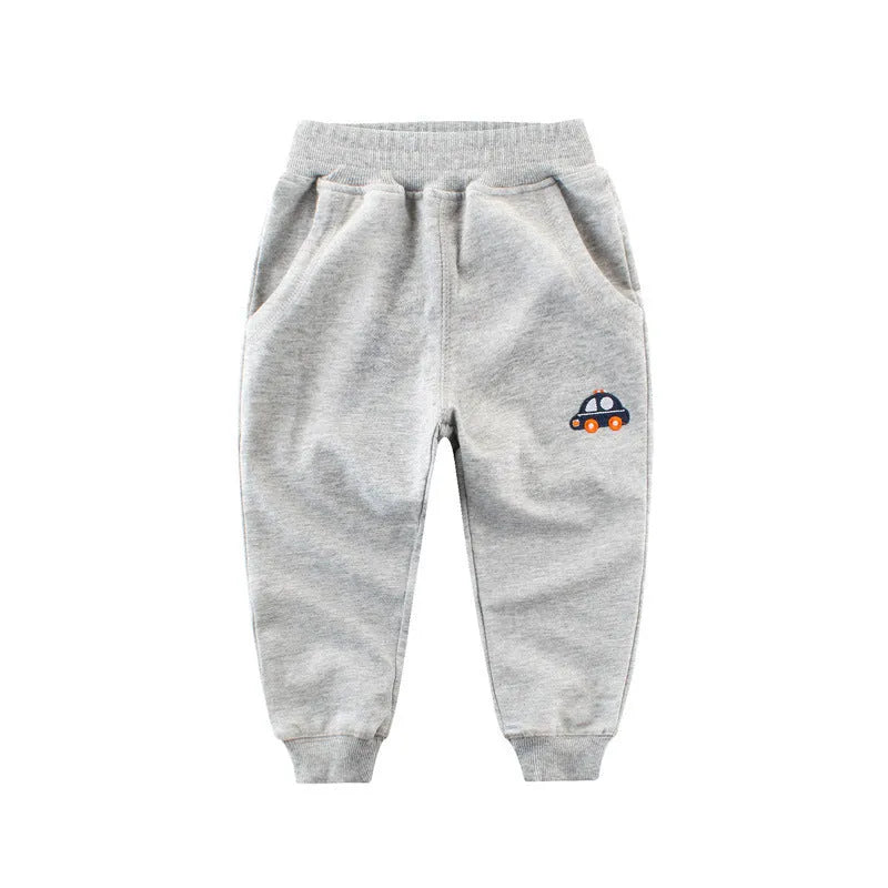 Boys Korean style sports sweatpants with cartoon pattern, soft treated fabric, available in blue green grey navy blue