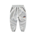 Boys Korean style sports sweatpants with cartoon pattern, soft treated fabric, available in blue green grey navy blue