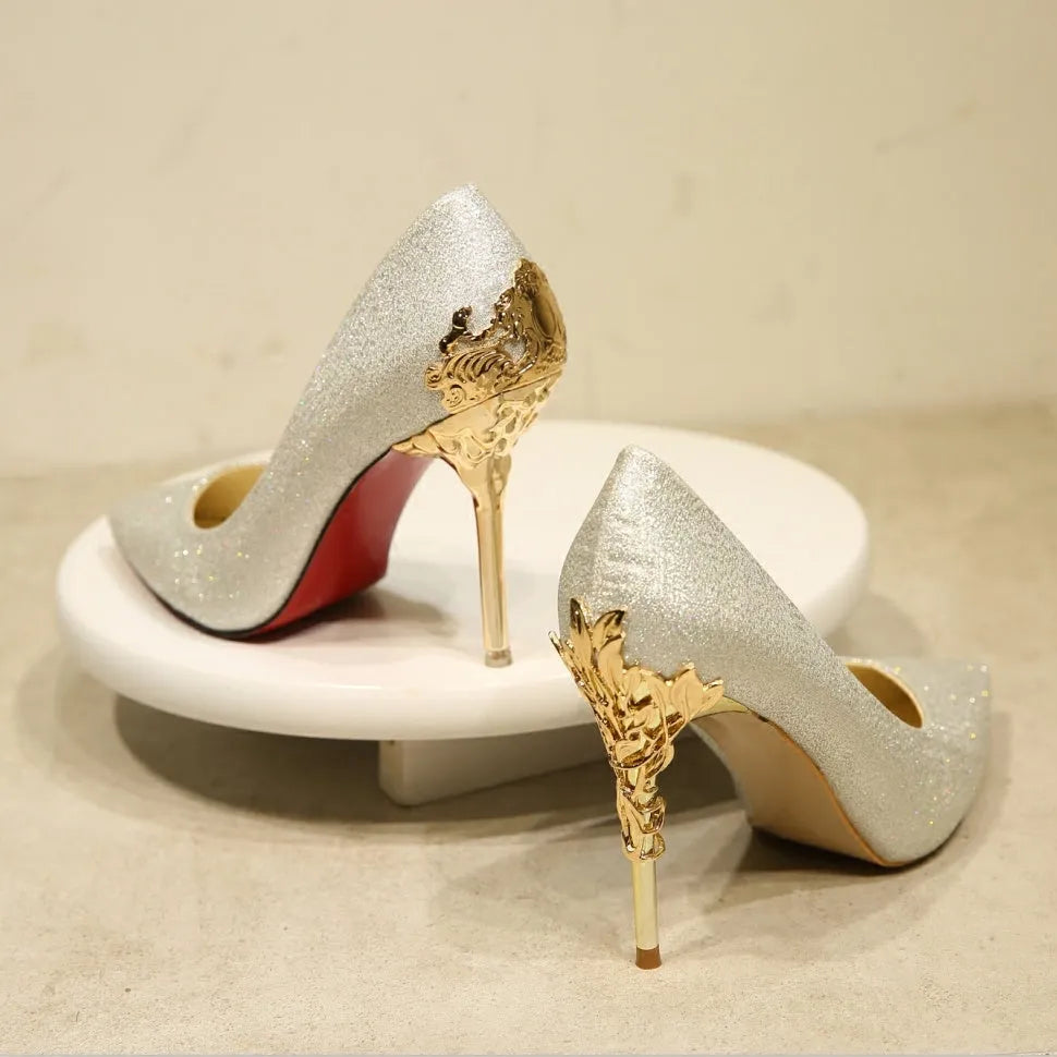 LAKESHI women's metal-engraved high heel shoes with 10cm heel, available in multiple colours