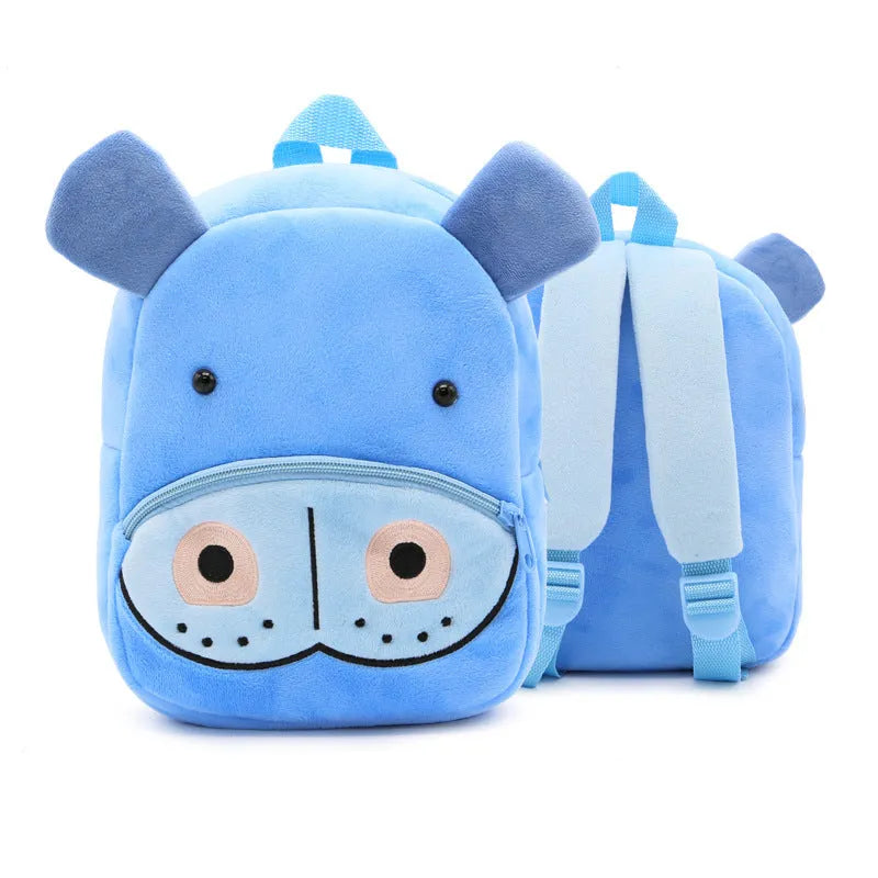 Cute plush animal backpack for children in elephant design, showing front zipper and straps.