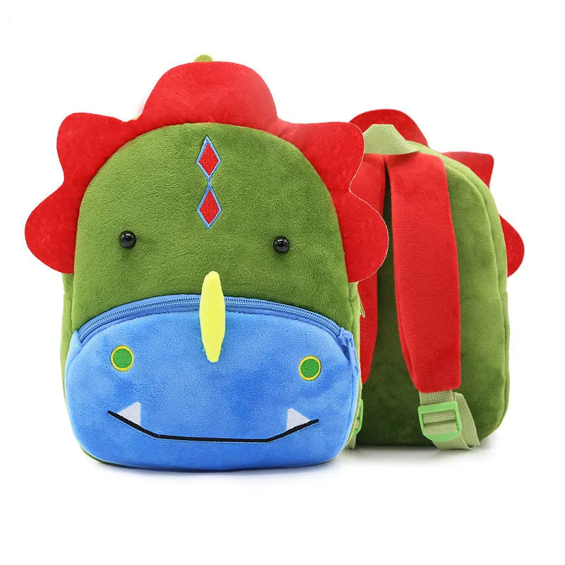 Cute plush animal backpack for children in elephant design, showing front zipper and straps.