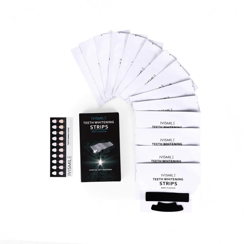 Box of 14 pairs of teeth whitening strips with coconut activated carbon and sodium bicarbonate, in aluminium film bags