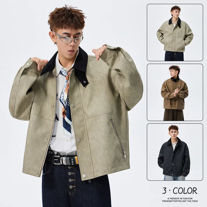 Large size men's PU leather coat with polo collar in khaki, shown on model, size 8XL available
