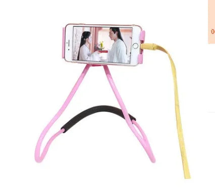 White flexible phone neck holder with 360-degree rotating clamp holding a smartphone