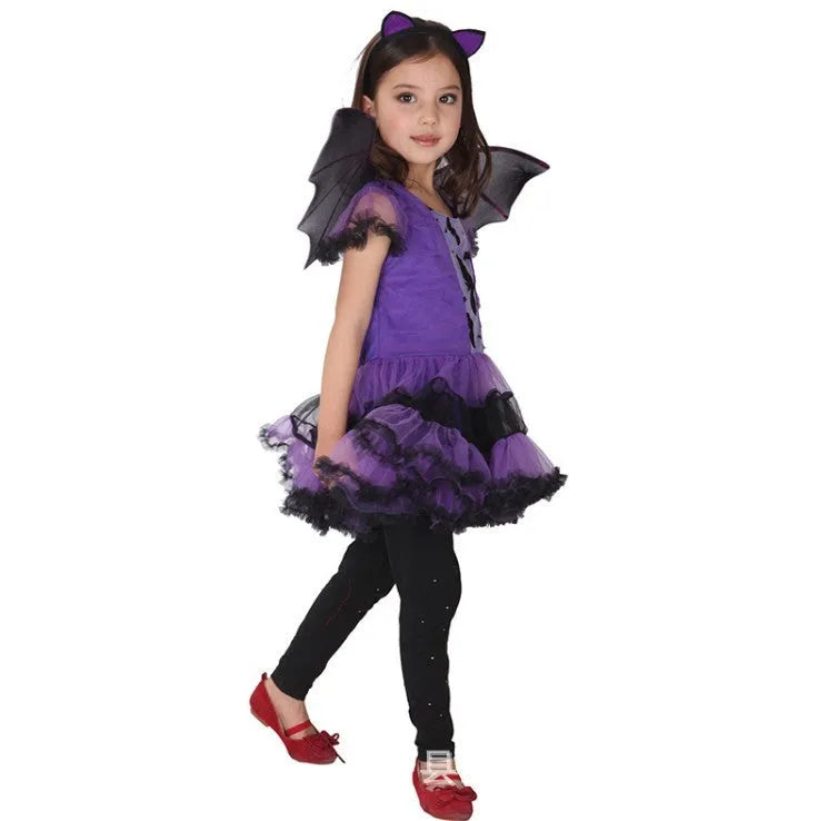 Children's purple spandex Halloween dress with stretch fabric, available in sizes 100cm to 160cm