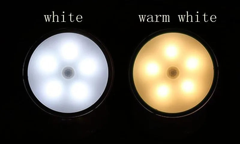 White 360-degree rotating LED human body induction night light with motion sensor, 8.6cm diameter, on a flat surface