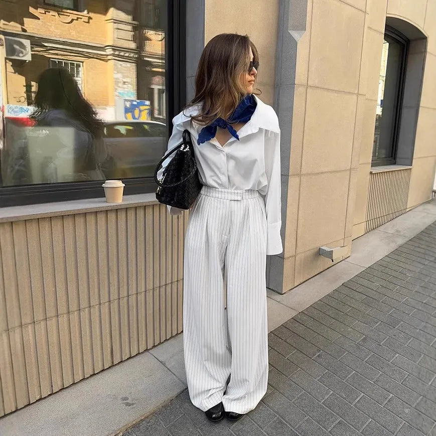 White striped wide-leg commuting pants with loose casual fit and zipper closure