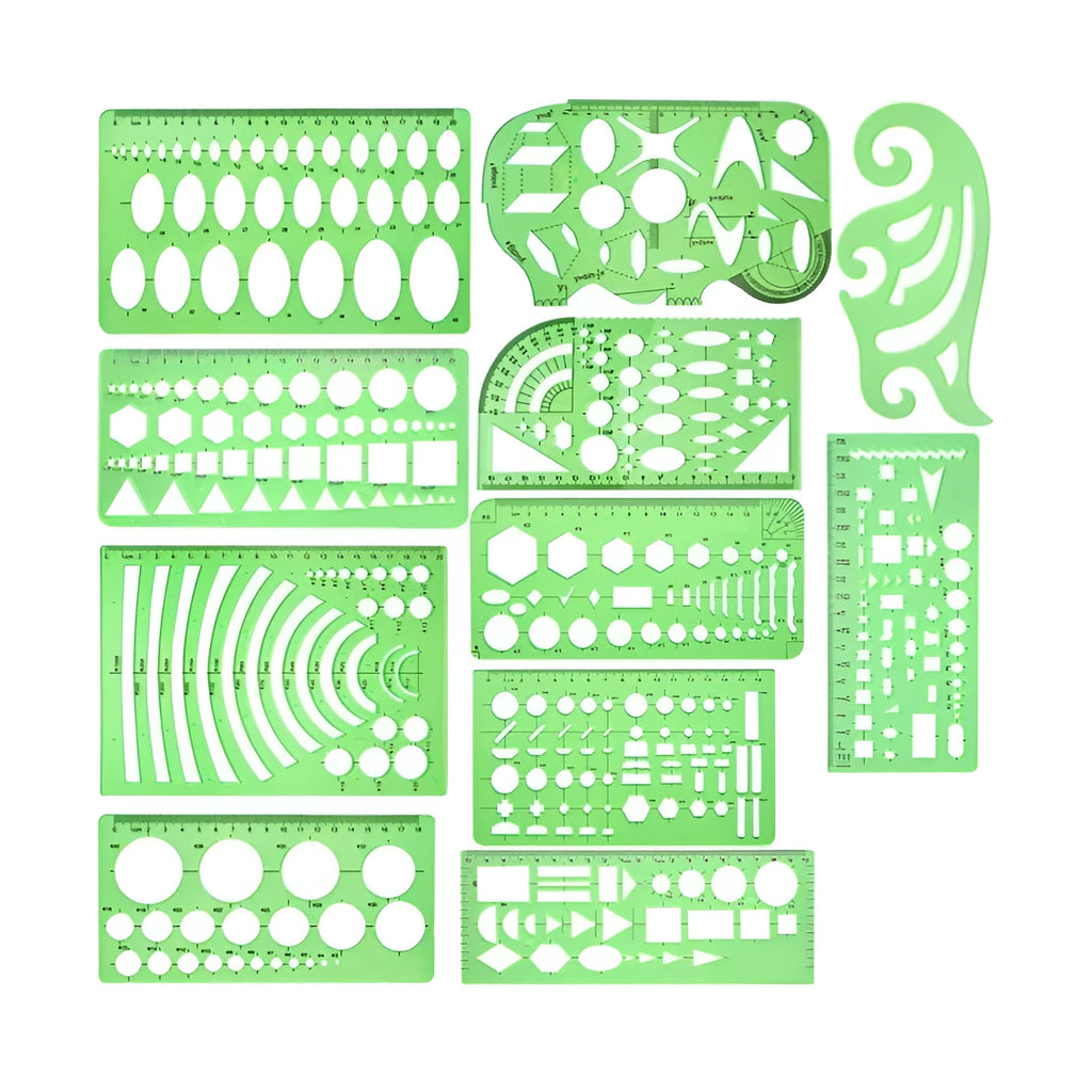 Set of 11 clear green plastic geometric drawing templates with poly zipper envelope